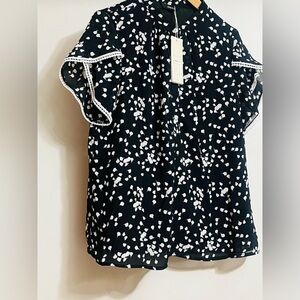 Dakotoo Black and White Floral Women's Short Sleeve Top Sz L